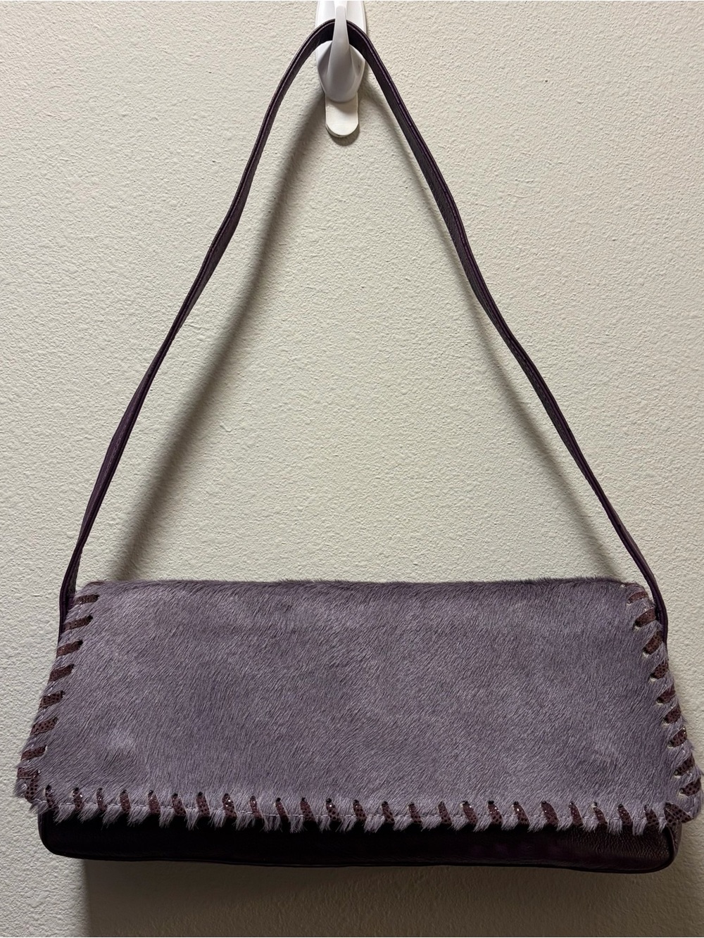 Vintage Leatherock Purple Embossed Leather Bag Calf Hair Accent
